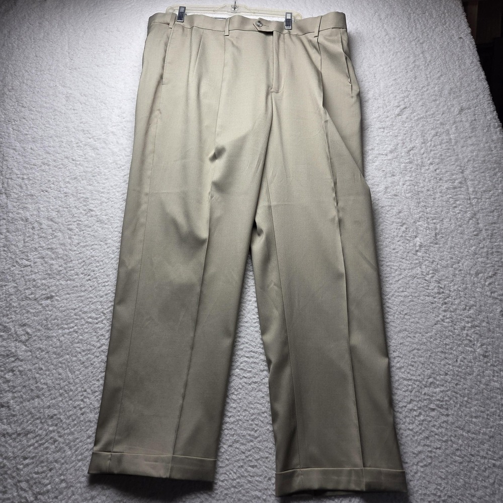 Savane Dress Pants Mens 40x30 Beige Pleated Classic Fit Stretch Cuffed Slacks